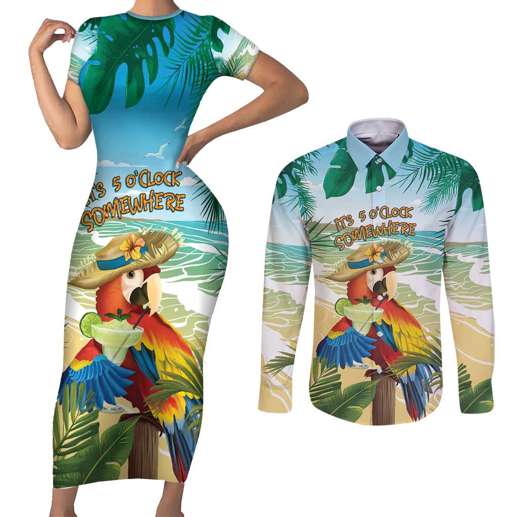Aloha Hawaii It's 5 o'clock Somewhere Couples Matching Short Sleeve Bodycon Dress and Long Sleeve Button Shirt - Wonder Print Shop