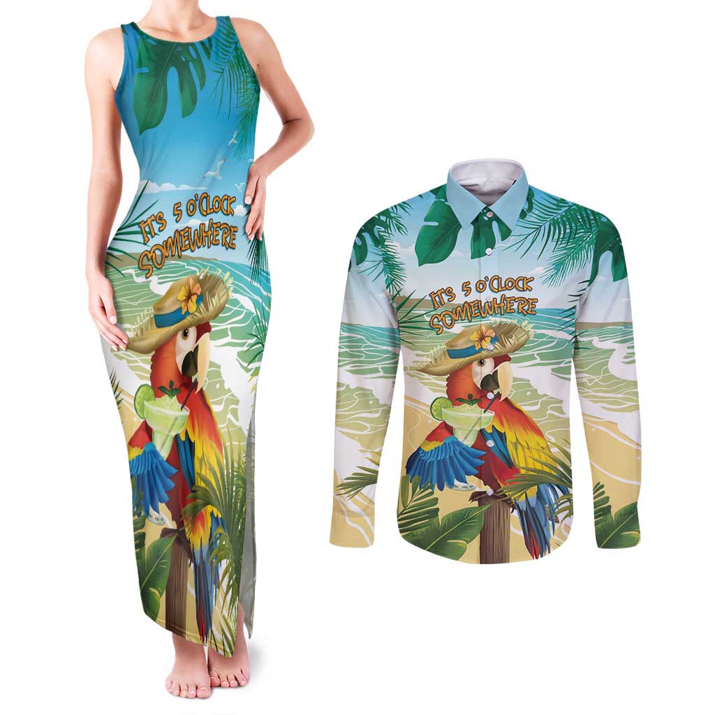 Aloha Hawaii It's 5 o'clock Somewhere Couples Matching Tank Maxi Dress and Long Sleeve Button Shirt - Wonder Print Shop