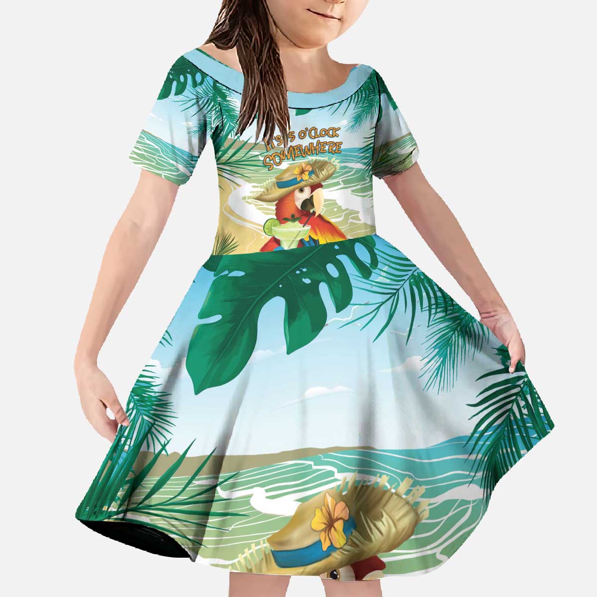 Aloha Hawaii It's 5 o'clock Somewhere Family Matching Off The Shoulder Long Sleeve Dress and Hawaiian Shirt - Wonder Print Shop