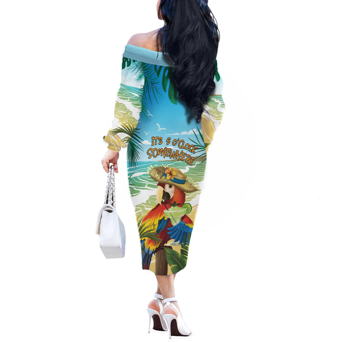 Aloha Hawaii It's 5 o'clock Somewhere Off The Shoulder Long Sleeve Dress - Wonder Print Shop