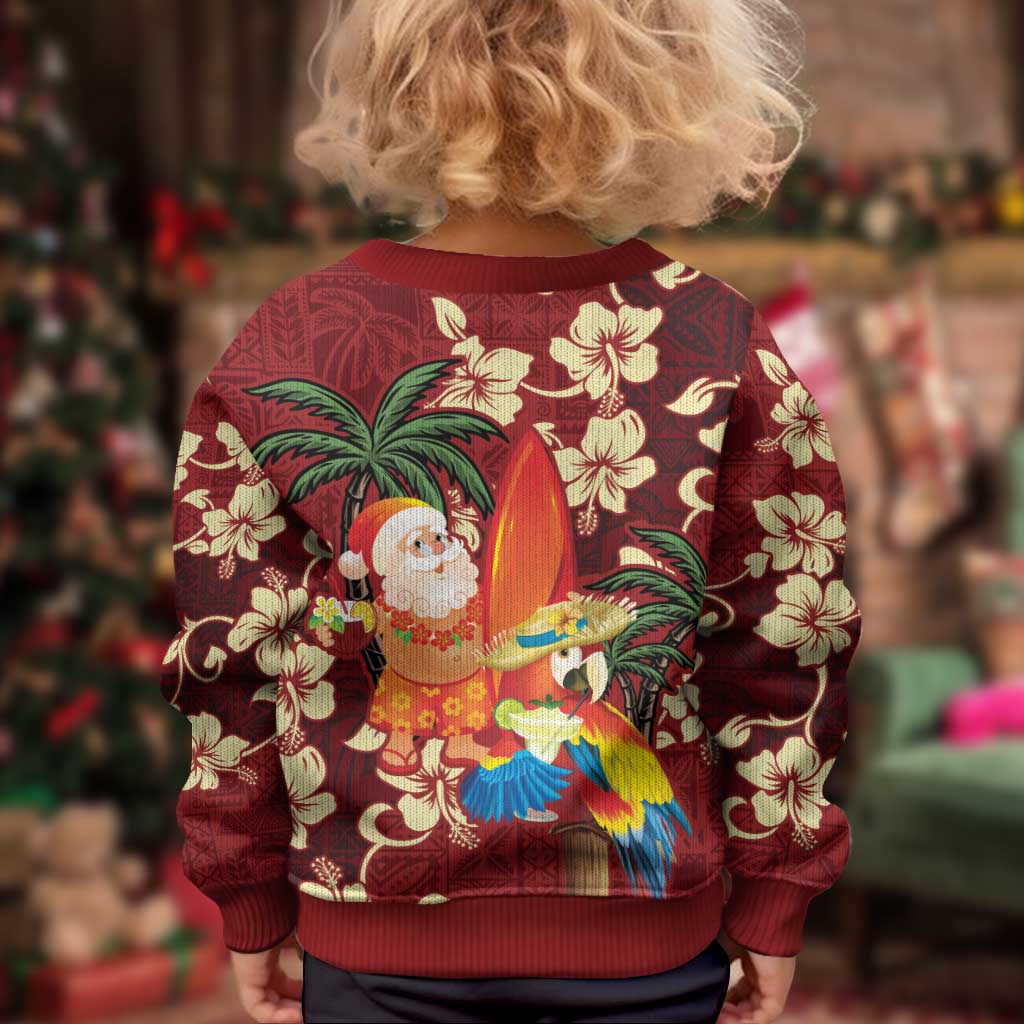 Crimson Red Tropical Christmas Hawaii Tapa Kid Ugly Christmas Sweater Aloha Santa Drink Party - Wonder Print Shop