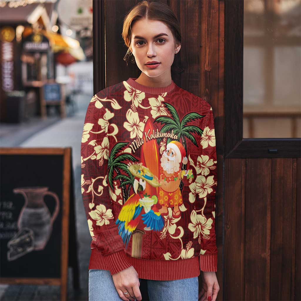 Crimson Red Tropical Christmas Hawaii Tapa Ugly Christmas Sweater Aloha Santa Drink Party - Wonder Print Shop