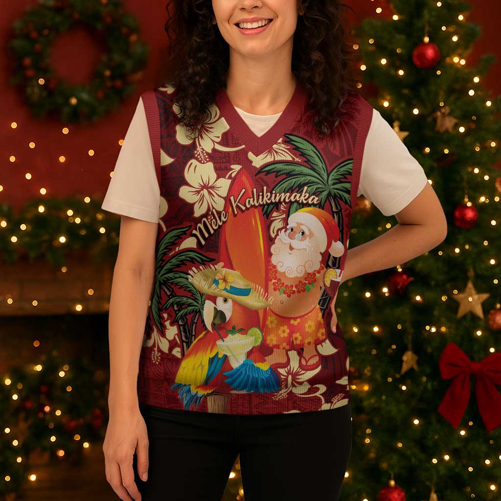 Crimson Red Tropical Christmas Hawaii Tapa Christmas Knitted V-Neck Vest Aloha Santa Drink Party - Wonder Print Shop