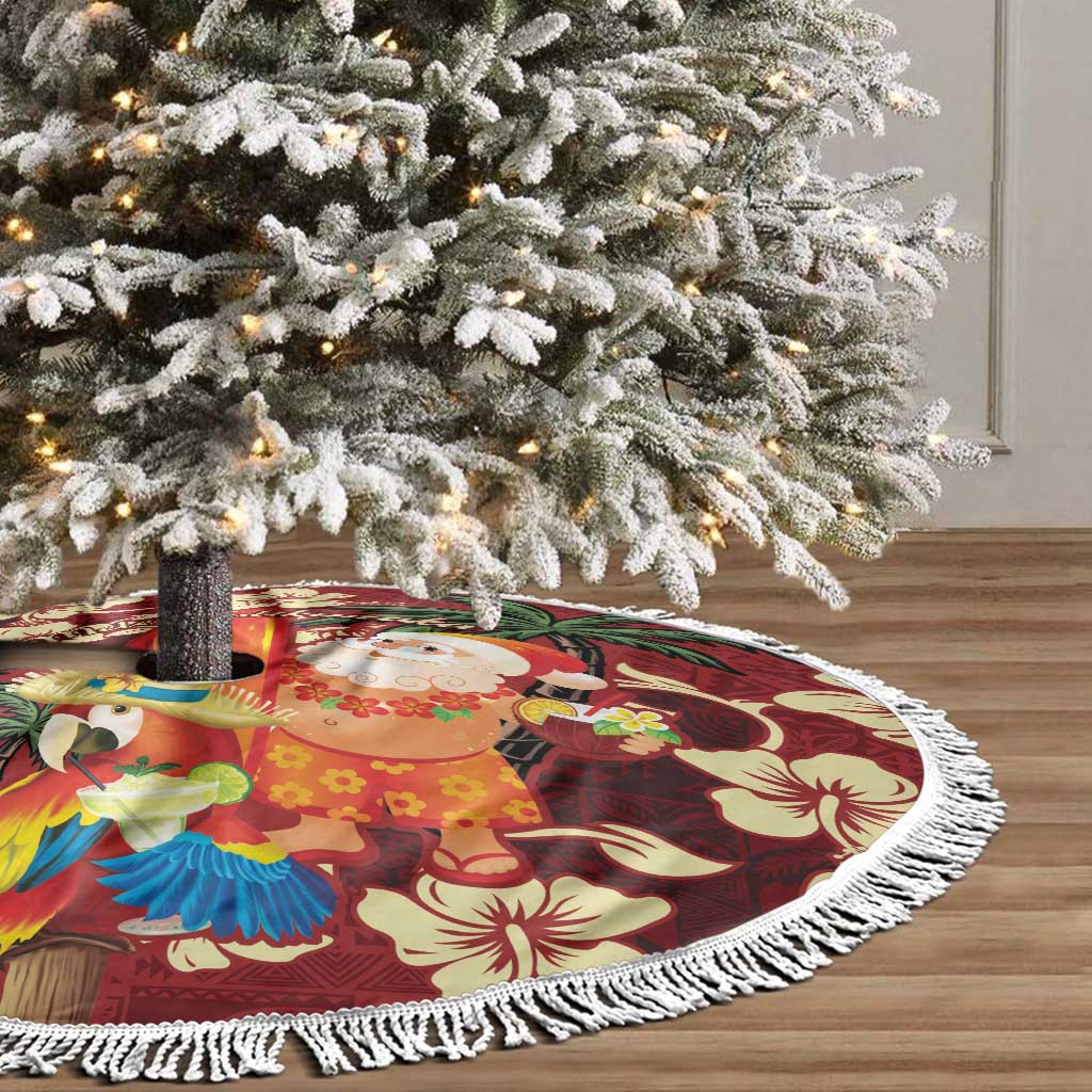 Crimson Red Tropical Christmas Hawaii Tapa Tree Skirt Aloha Santa Drink Party - Wonder Print Shop
