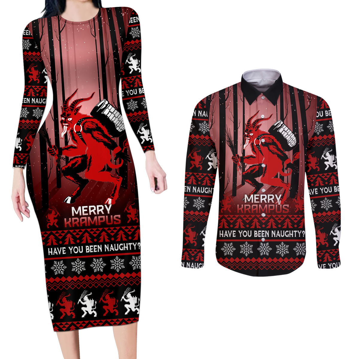 Wonder Print Christmas Couples Matching Long Sleeve Bodycon Dress and Long Sleeve Button Shirt Merry Krampus LT7 - Wonder Print Shop