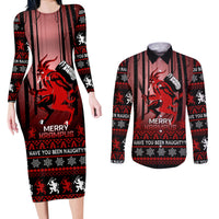 Wonder Print Christmas Couples Matching Long Sleeve Bodycon Dress and Long Sleeve Button Shirt Merry Krampus LT7 - Wonder Print Shop