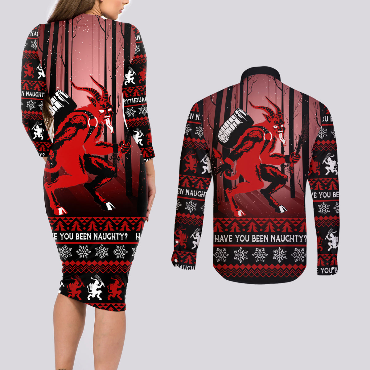 Wonder Print Christmas Couples Matching Long Sleeve Bodycon Dress and Long Sleeve Button Shirt Merry Krampus LT7 - Wonder Print Shop
