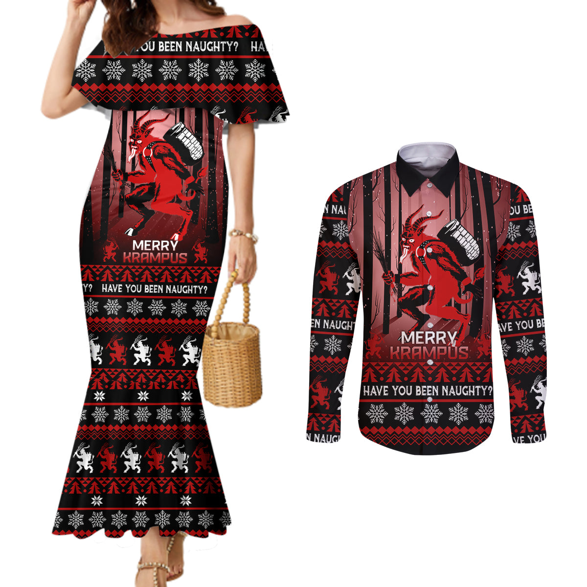 wonder-print-christmas-couples-matching-mermaid-dress-and-long-sleeve-button-shirt-merry-krampus