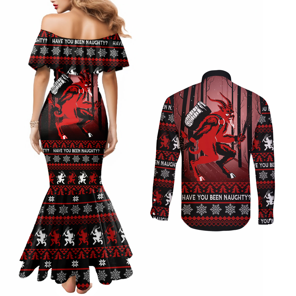 wonder-print-christmas-couples-matching-mermaid-dress-and-long-sleeve-button-shirt-merry-krampus