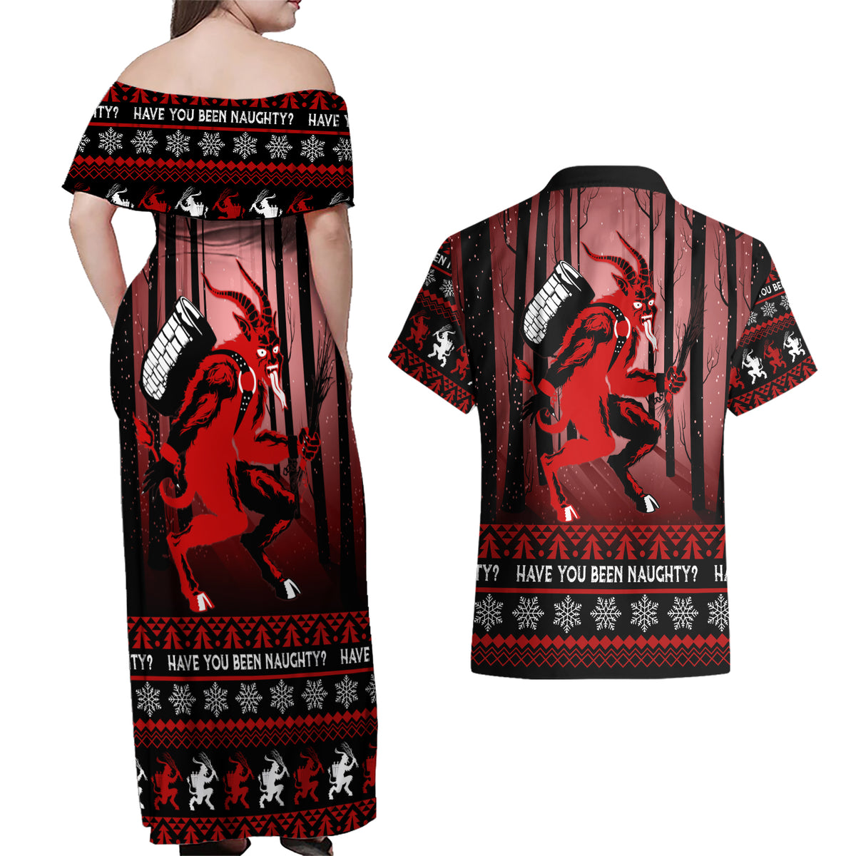 Wonder Print Christmas Couples Matching Off Shoulder Maxi Dress and Hawaiian Shirt Merry Krampus LT7 - Wonder Print Shop