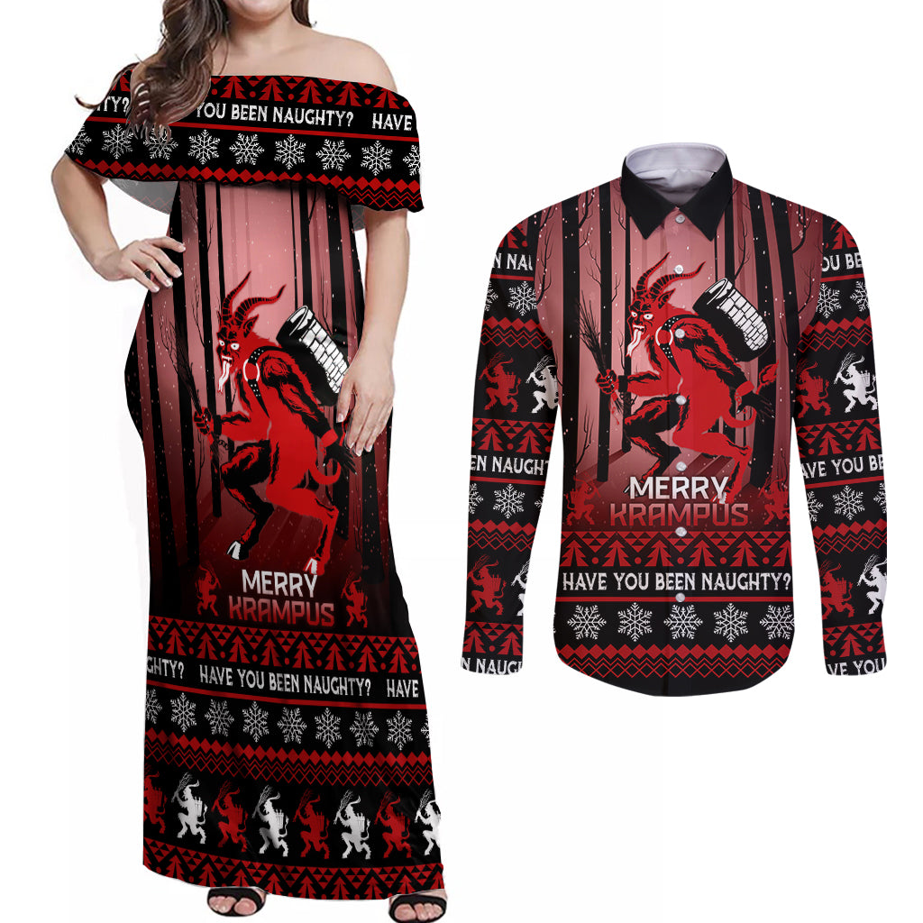 Wonder Print Christmas Couples Matching Off Shoulder Maxi Dress and Long Sleeve Button Shirt Merry Krampus LT7 - Wonder Print Shop