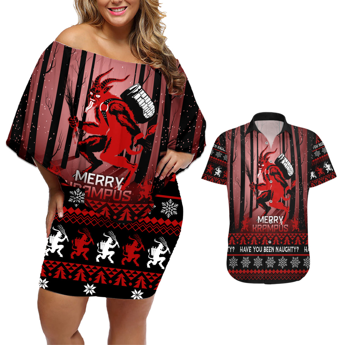 Wonder Print Christmas Couples Matching Off Shoulder Short Dress and Hawaiian Shirt Merry Krampus LT7 - Wonder Print Shop