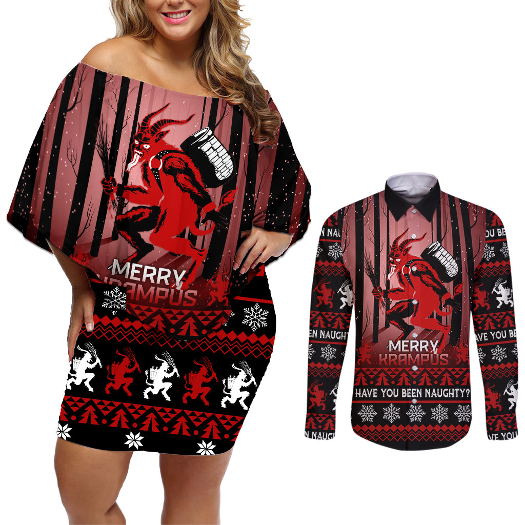 Wonder Print Christmas Couples Matching Off Shoulder Short Dress and Long Sleeve Button Shirt Merry Krampus LT7 - Wonder Print Shop