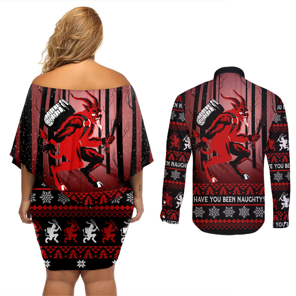 Wonder Print Christmas Couples Matching Off Shoulder Short Dress and Long Sleeve Button Shirt Merry Krampus LT7 - Wonder Print Shop