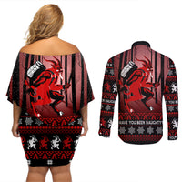 Wonder Print Christmas Couples Matching Off Shoulder Short Dress and Long Sleeve Button Shirt Merry Krampus LT7 - Wonder Print Shop