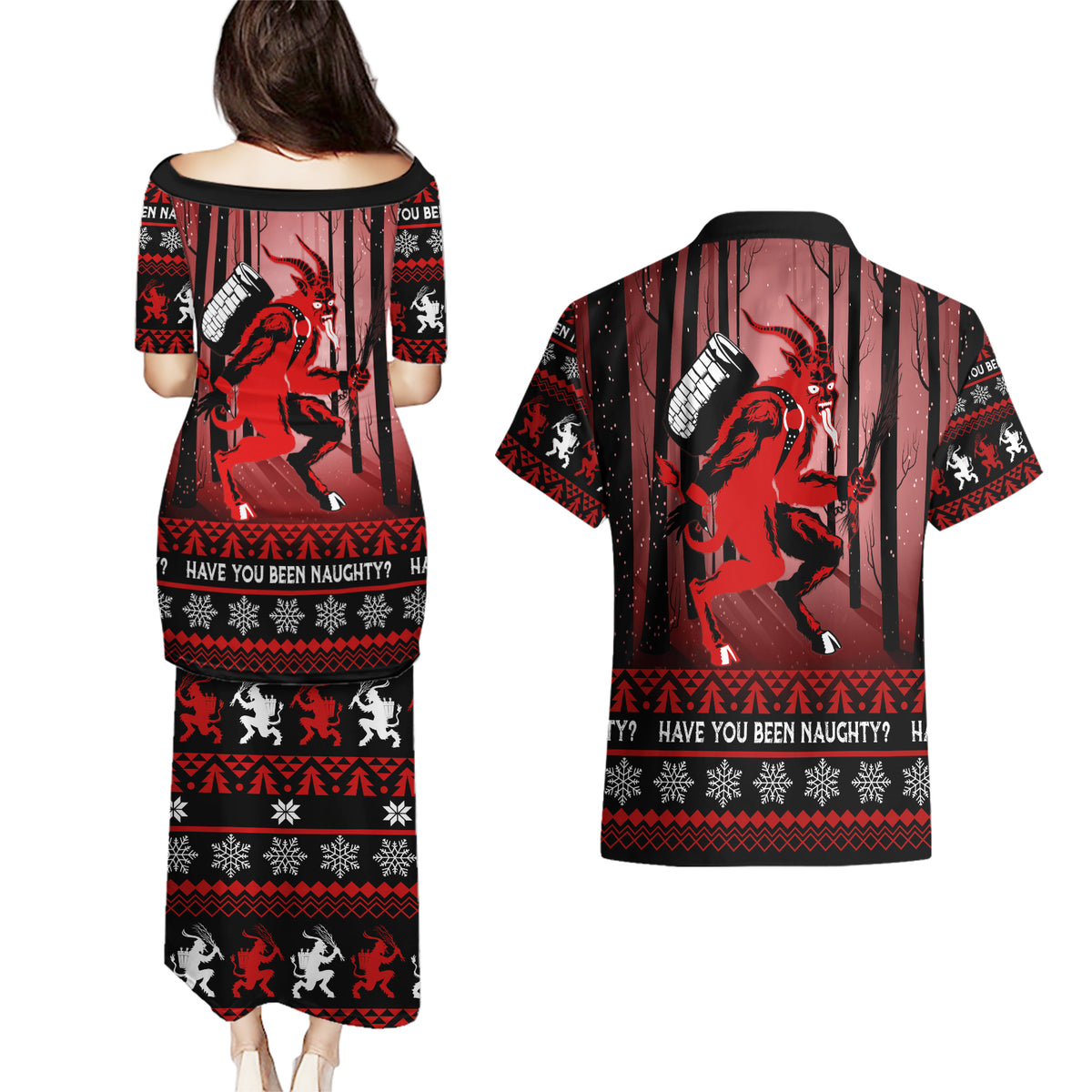 Wonder Print Christmas Couples Matching Puletasi Dress and Hawaiian Shirt Merry Krampus LT7 - Wonder Print Shop