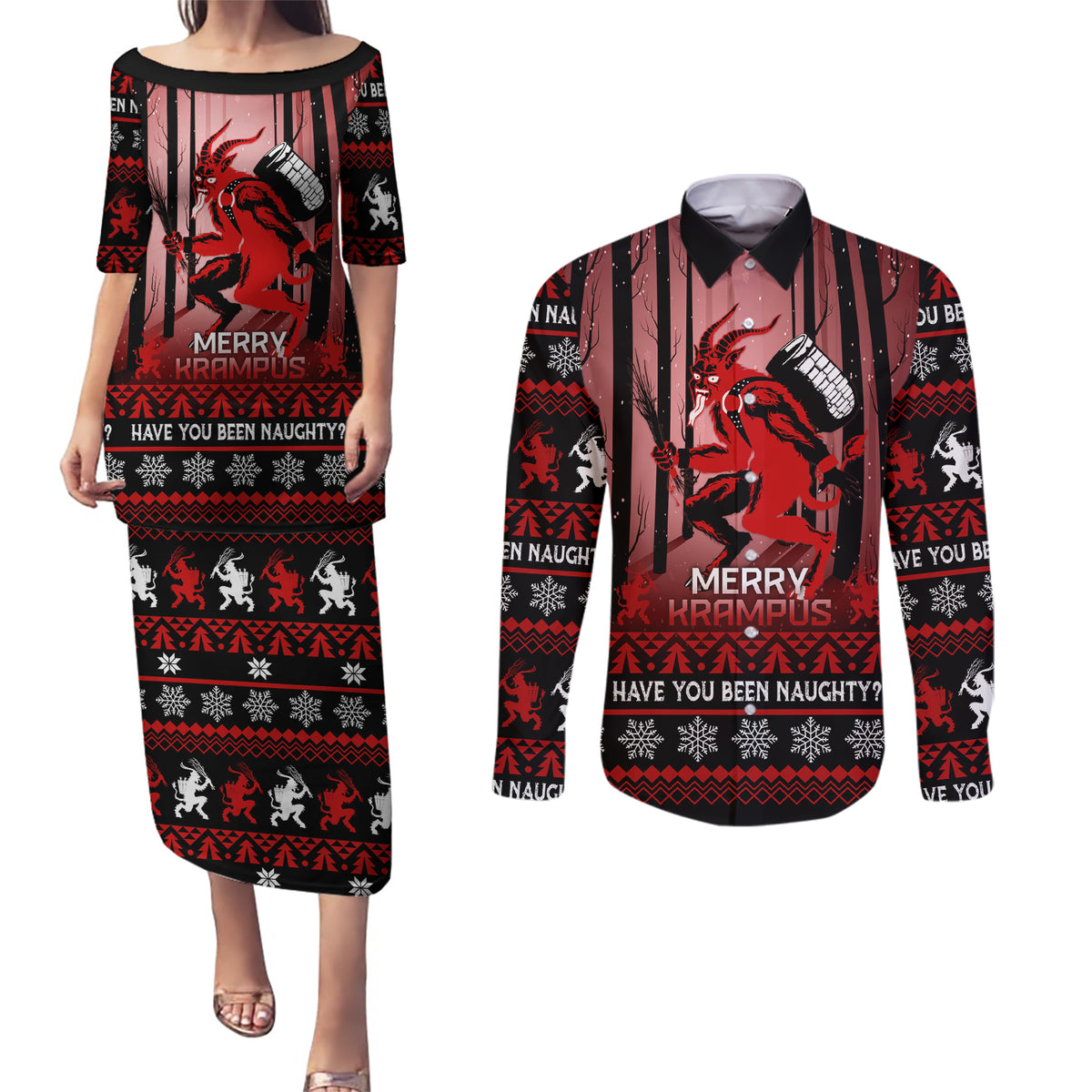 Wonder Print Christmas Couples Matching Puletasi Dress and Long Sleeve Button Shirt Merry Krampus LT7 - Wonder Print Shop