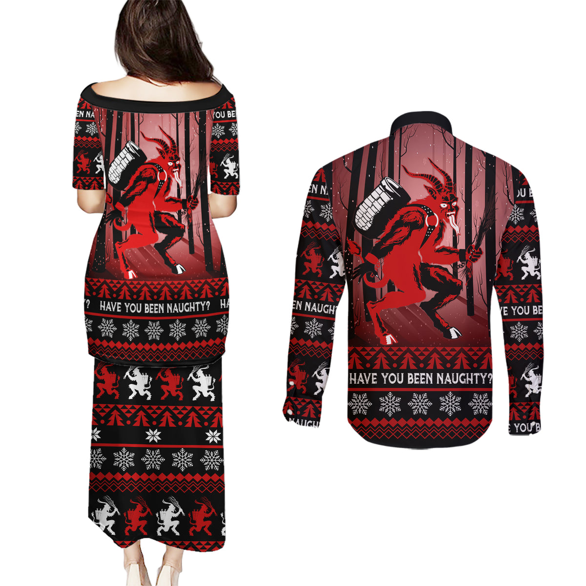 Wonder Print Christmas Couples Matching Puletasi Dress and Long Sleeve Button Shirt Merry Krampus LT7 - Wonder Print Shop