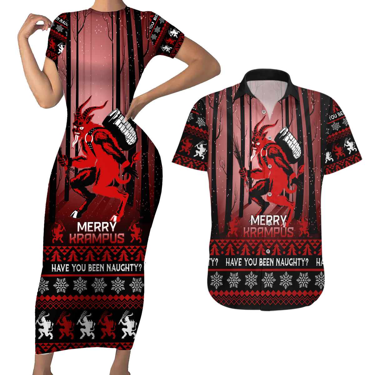 Wonder Print Christmas Couples Matching Short Sleeve Bodycon Dress and Hawaiian Shirt Merry Krampus LT7 - Wonder Print Shop