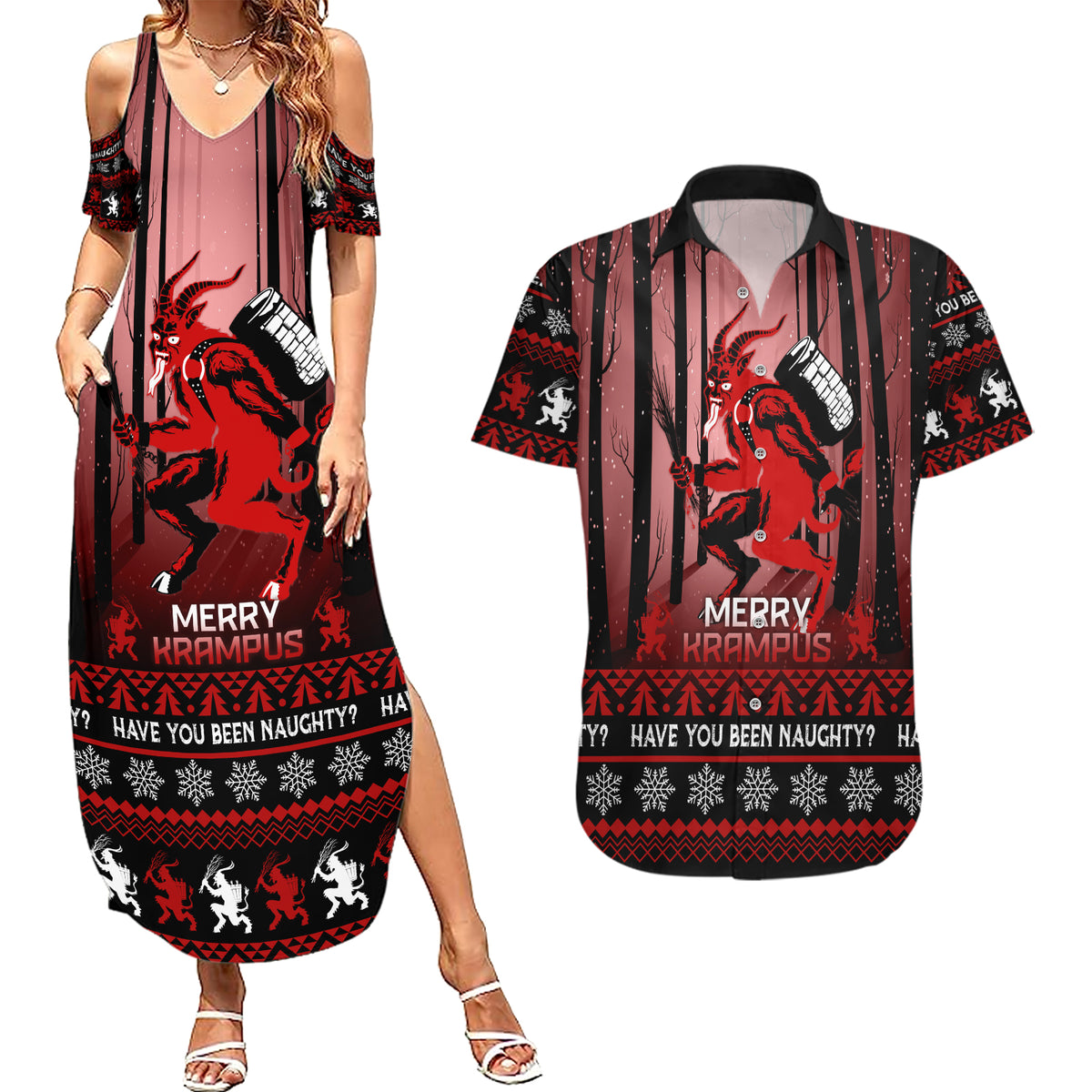 Wonder Print Christmas Couples Matching Summer Maxi Dress and Hawaiian Shirt Merry Krampus LT7 - Wonder Print Shop