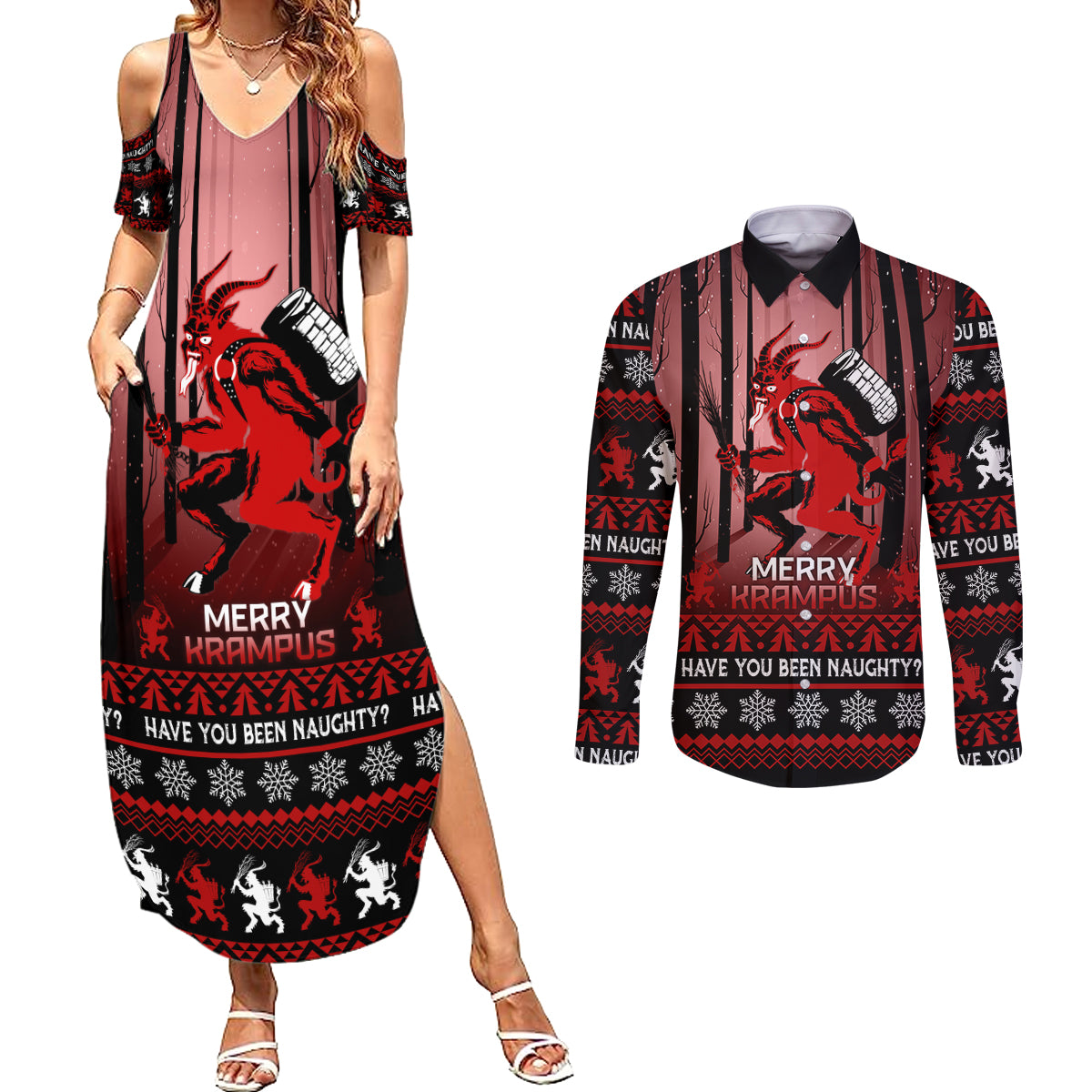 Wonder Print Christmas Couples Matching Summer Maxi Dress and Long Sleeve Button Shirt Merry Krampus LT7 - Wonder Print Shop