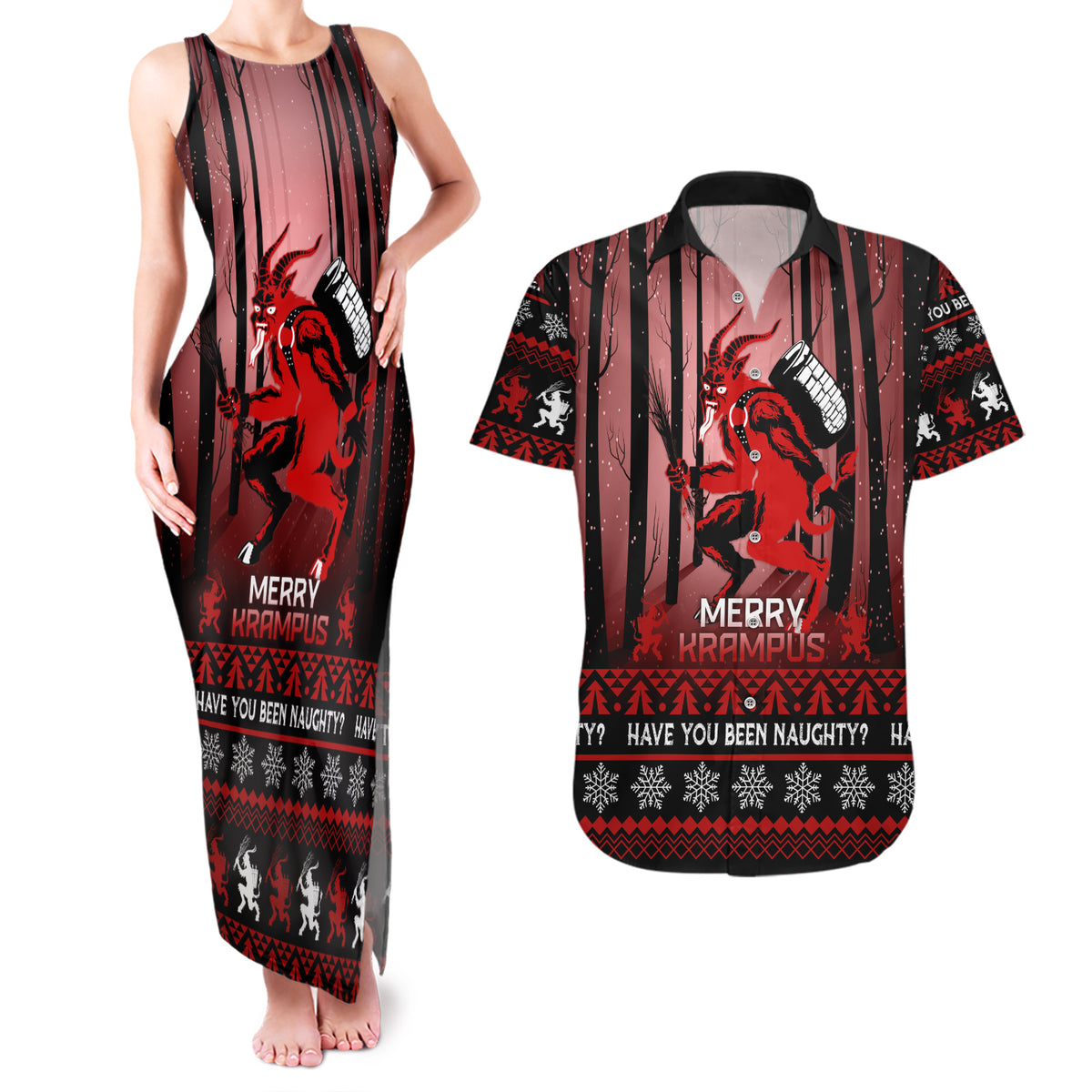 Wonder Print Christmas Couples Matching Tank Maxi Dress and Hawaiian Shirt Merry Krampus LT7 - Wonder Print Shop