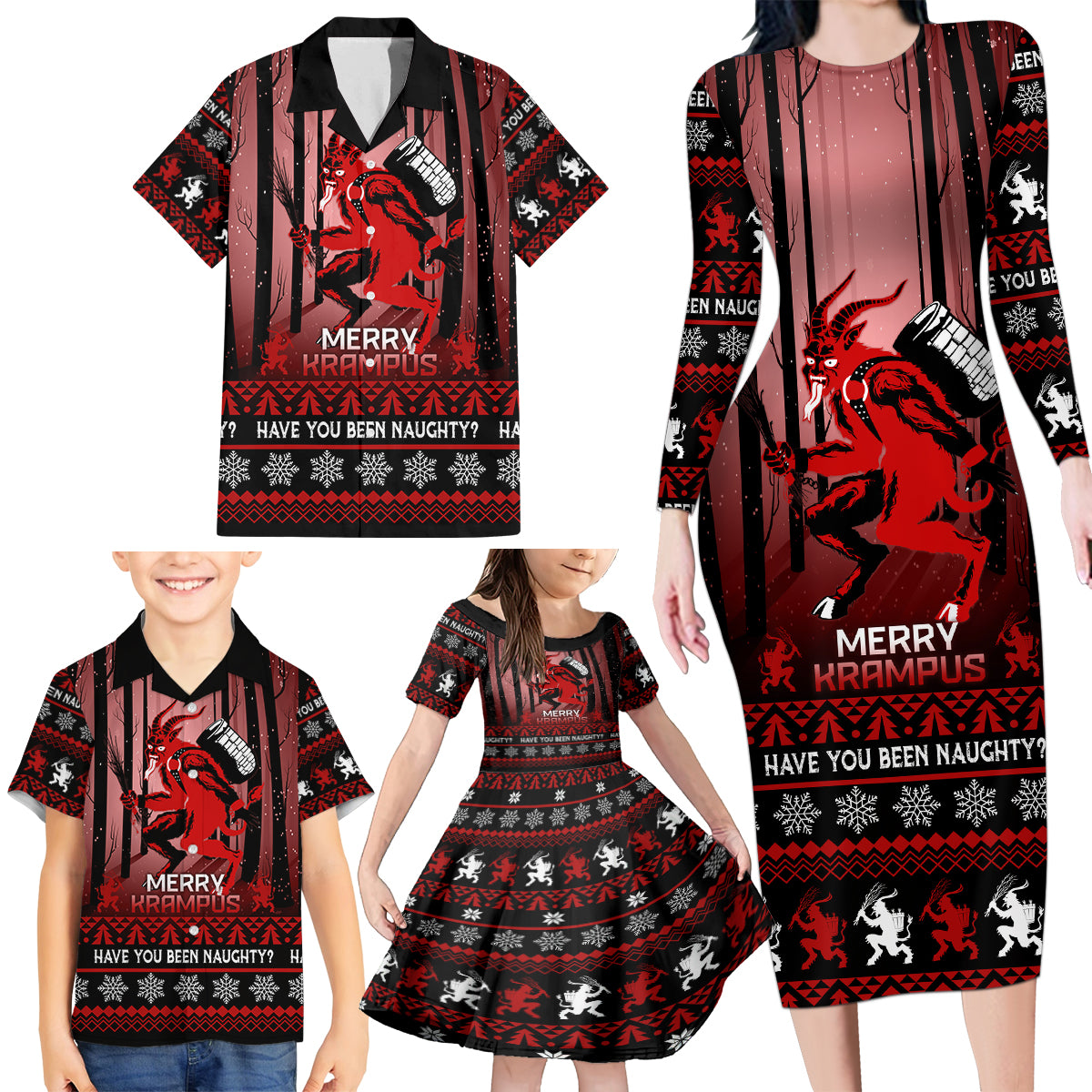 Wonder Print Christmas Family Matching Long Sleeve Bodycon Dress and Hawaiian Shirt Merry Krampus LT7 - Wonder Print Shop