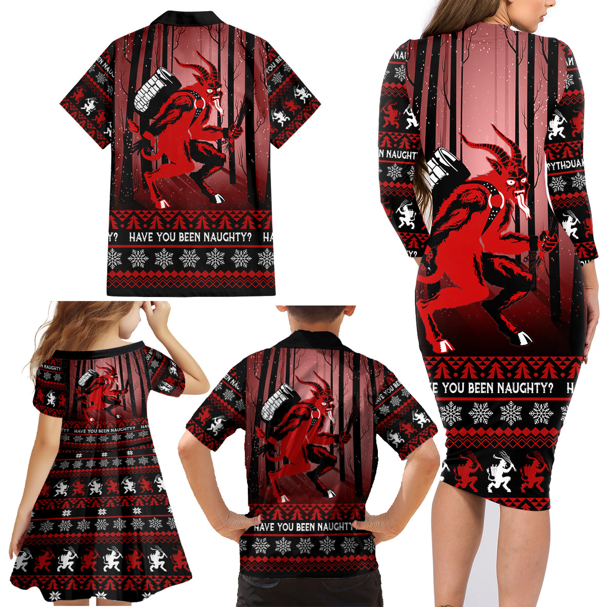 Wonder Print Christmas Family Matching Long Sleeve Bodycon Dress and Hawaiian Shirt Merry Krampus LT7 - Wonder Print Shop