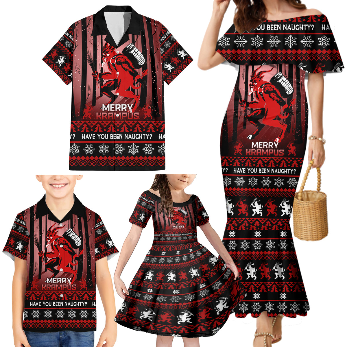Wonder Print Christmas Family Matching Mermaid Dress and Hawaiian Shirt Merry Krampus LT7 - Wonder Print Shop