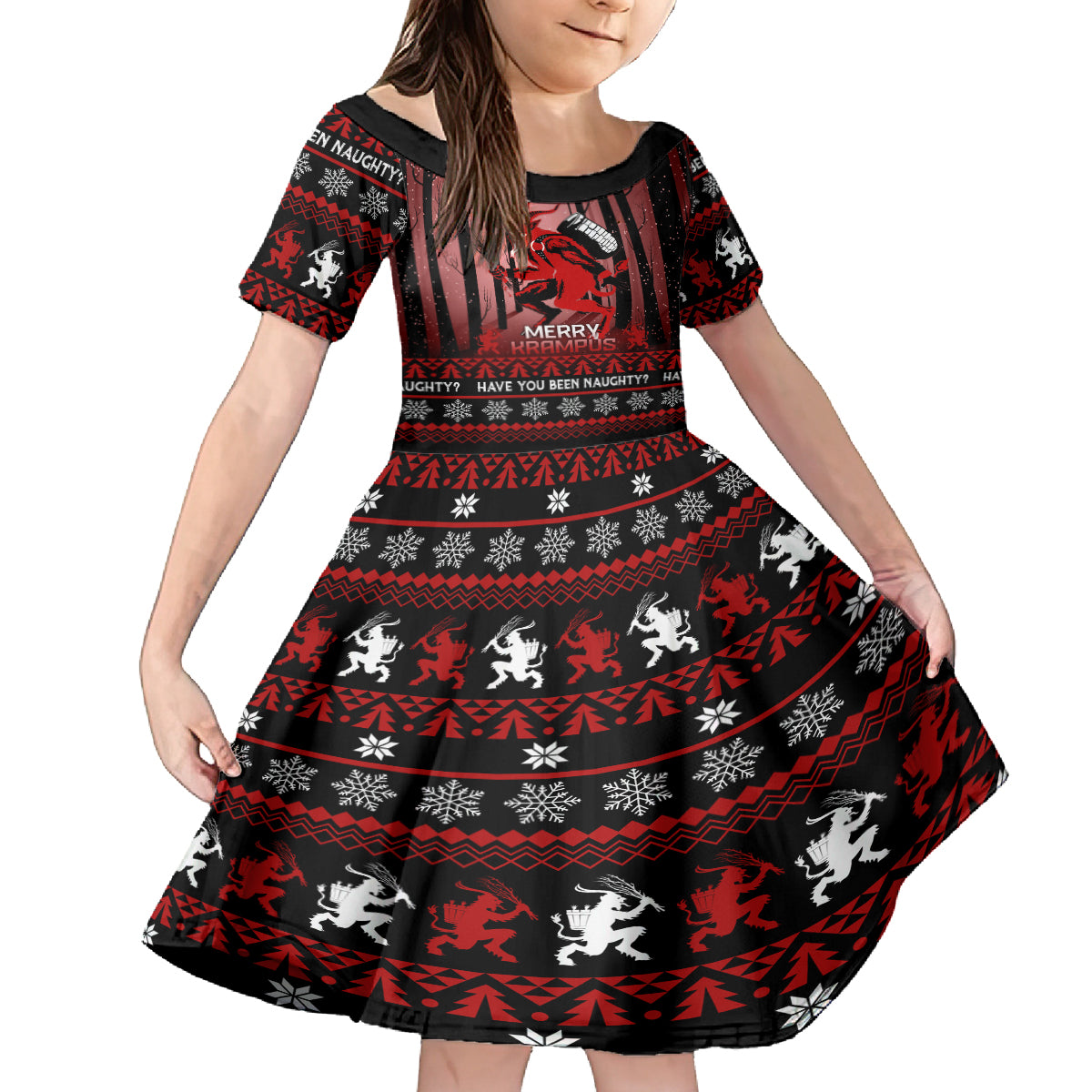 Wonder Print Christmas Family Matching Off Shoulder Long Sleeve Dress and Hawaiian Shirt Merry Krampus - Wonder Print Shop