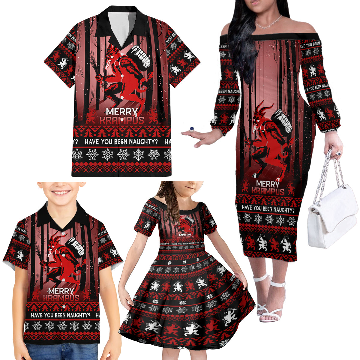 Wonder Print Christmas Family Matching Off Shoulder Long Sleeve Dress and Hawaiian Shirt Merry Krampus - Wonder Print Shop