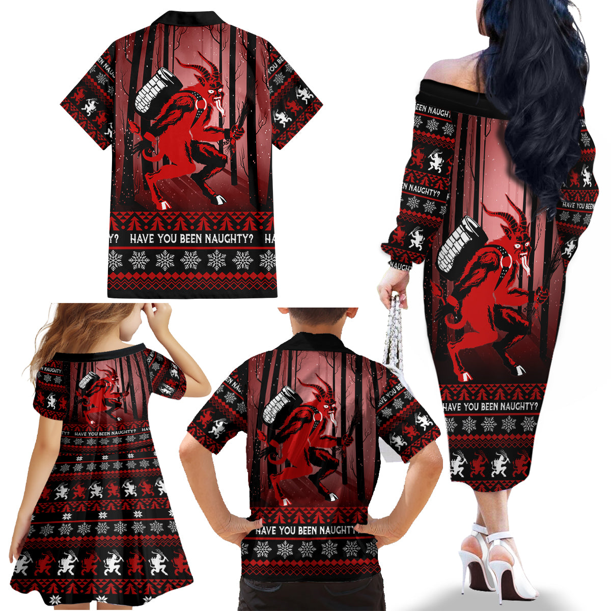 Wonder Print Christmas Family Matching Off Shoulder Long Sleeve Dress and Hawaiian Shirt Merry Krampus - Wonder Print Shop