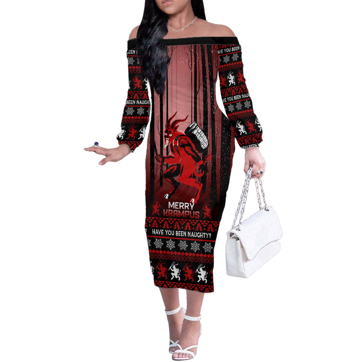 Wonder Print Christmas Family Matching Off Shoulder Long Sleeve Dress and Hawaiian Shirt Merry Krampus - Wonder Print Shop