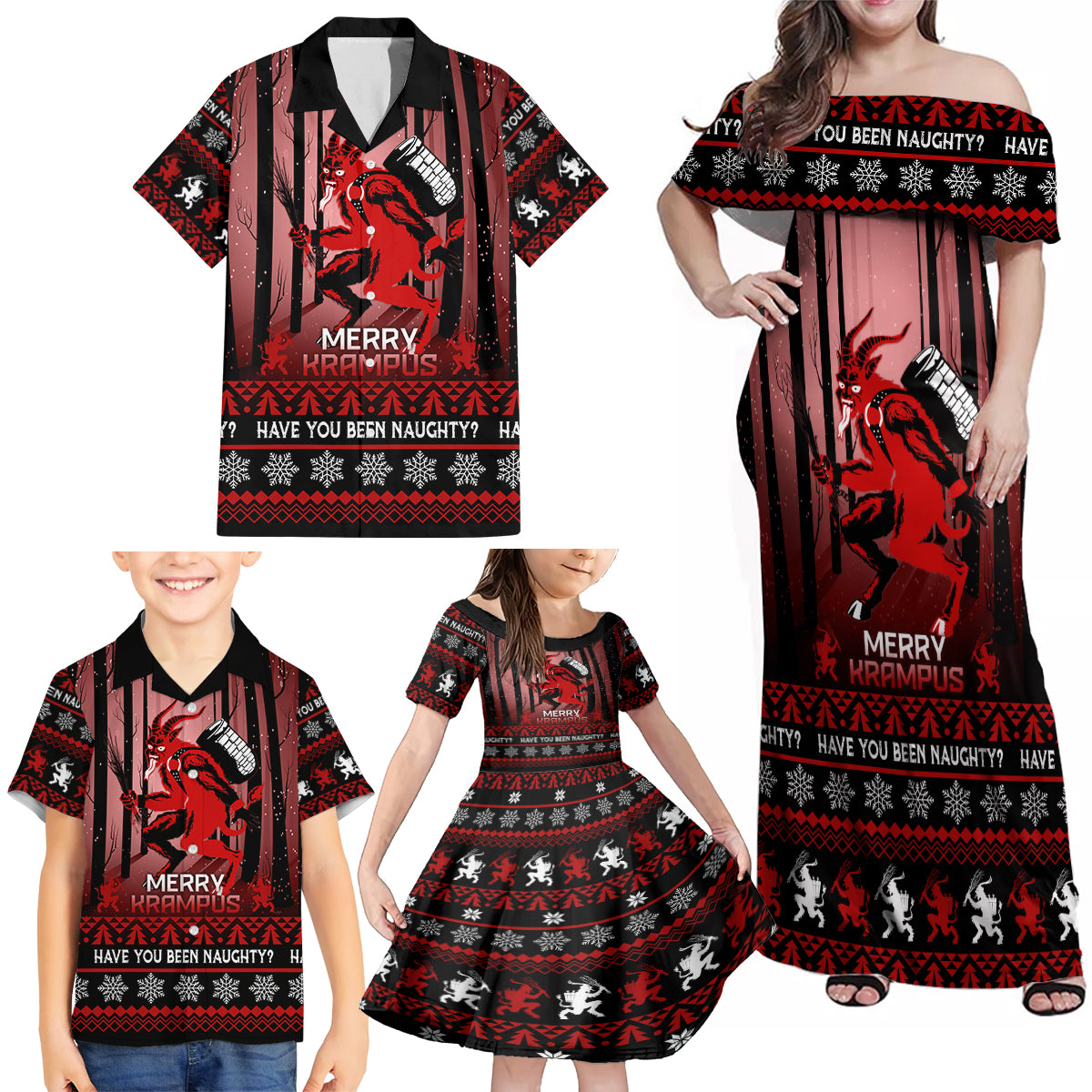 Wonder Print Christmas Family Matching Off Shoulder Maxi Dress and Hawaiian Shirt Merry Krampus LT7 - Wonder Print Shop