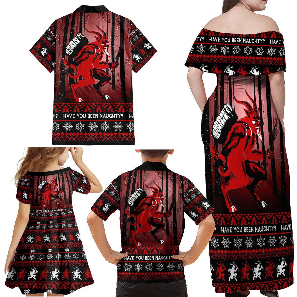 Wonder Print Christmas Family Matching Off Shoulder Maxi Dress and Hawaiian Shirt Merry Krampus LT7 - Wonder Print Shop