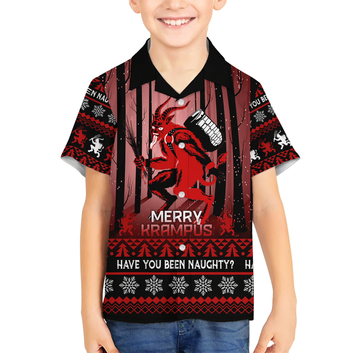 Wonder Print Christmas Family Matching Off Shoulder Maxi Dress and Hawaiian Shirt Merry Krampus LT7 - Wonder Print Shop
