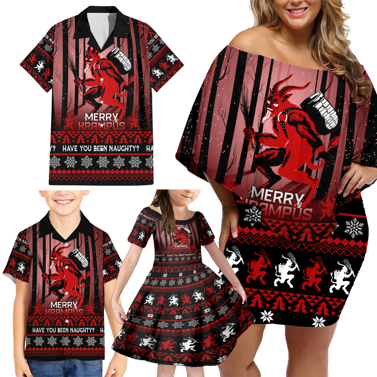 Wonder Print Christmas Family Matching Off Shoulder Short Dress and Hawaiian Shirt Merry Krampus LT7 - Wonder Print Shop