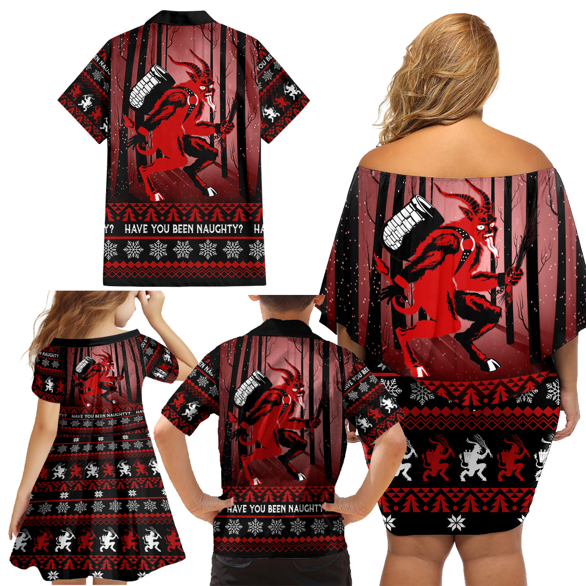 Wonder Print Christmas Family Matching Off Shoulder Short Dress and Hawaiian Shirt Merry Krampus LT7 - Wonder Print Shop