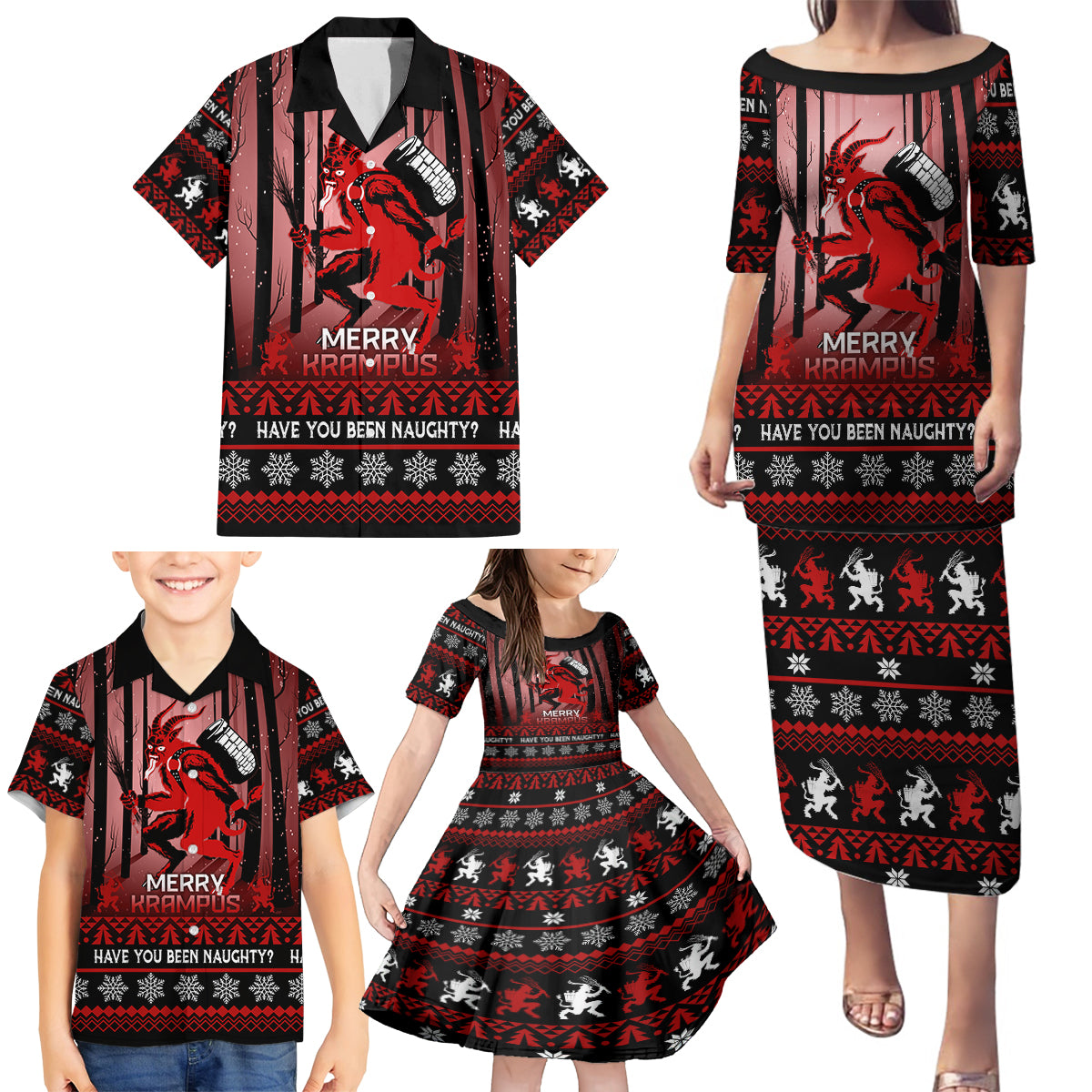 Wonder Print Christmas Family Matching Puletasi Dress and Hawaiian Shirt Merry Krampus - Wonder Print Shop