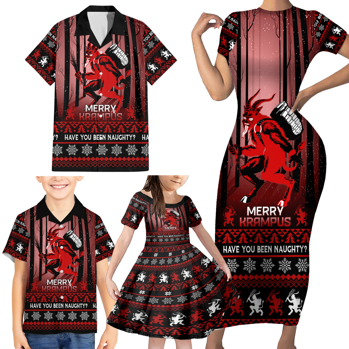 Wonder Print Christmas Family Matching Short Sleeve Bodycon Dress and Hawaiian Shirt Merry Krampus - Wonder Print Shop