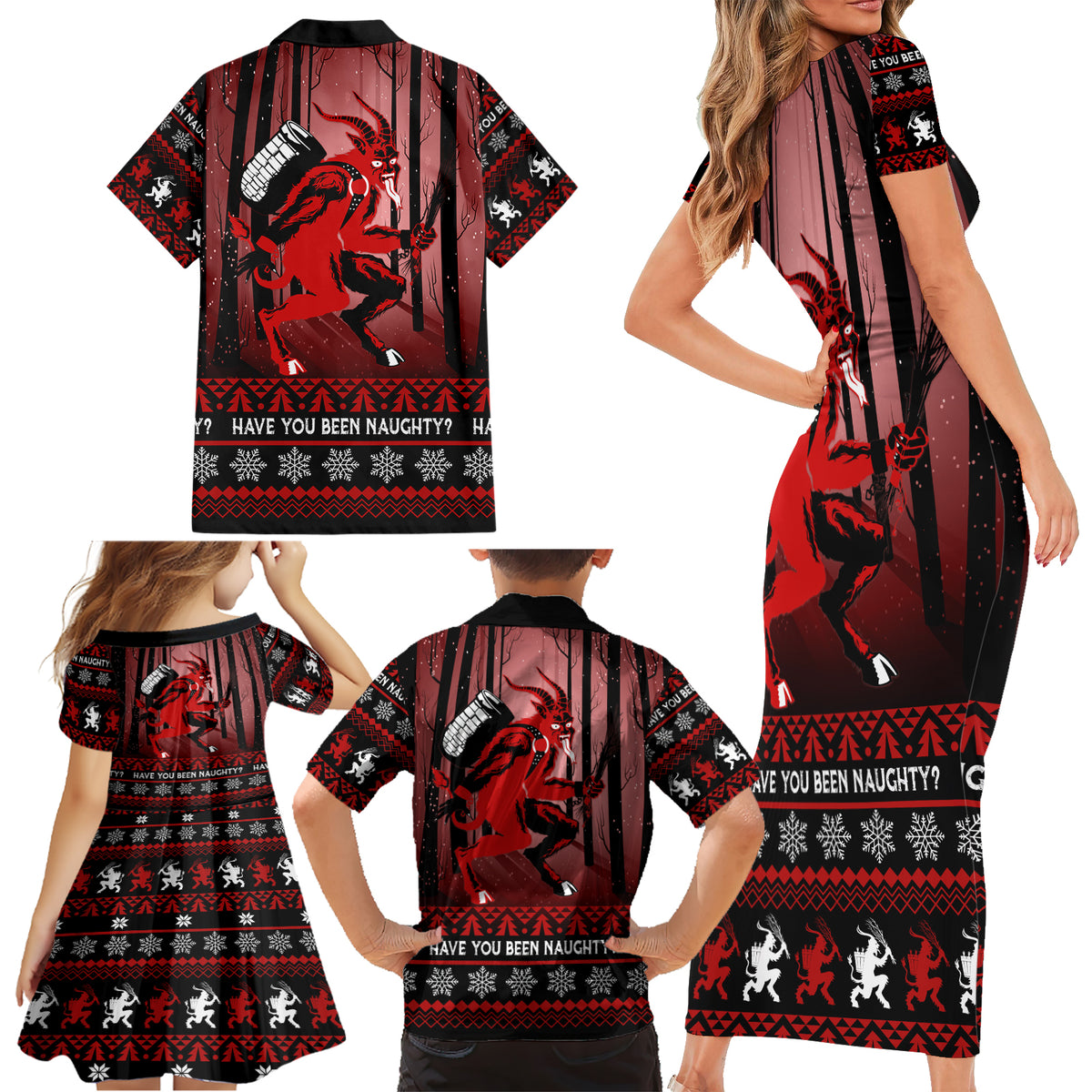 Wonder Print Christmas Family Matching Short Sleeve Bodycon Dress and Hawaiian Shirt Merry Krampus - Wonder Print Shop