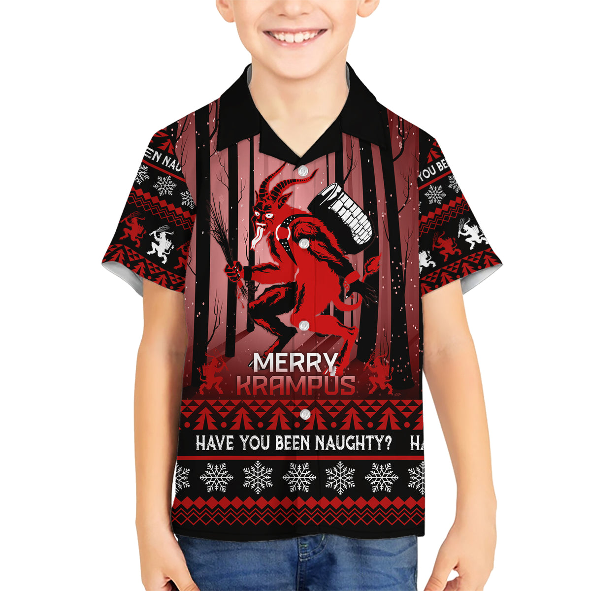 Wonder Print Christmas Family Matching Short Sleeve Bodycon Dress and Hawaiian Shirt Merry Krampus - Wonder Print Shop