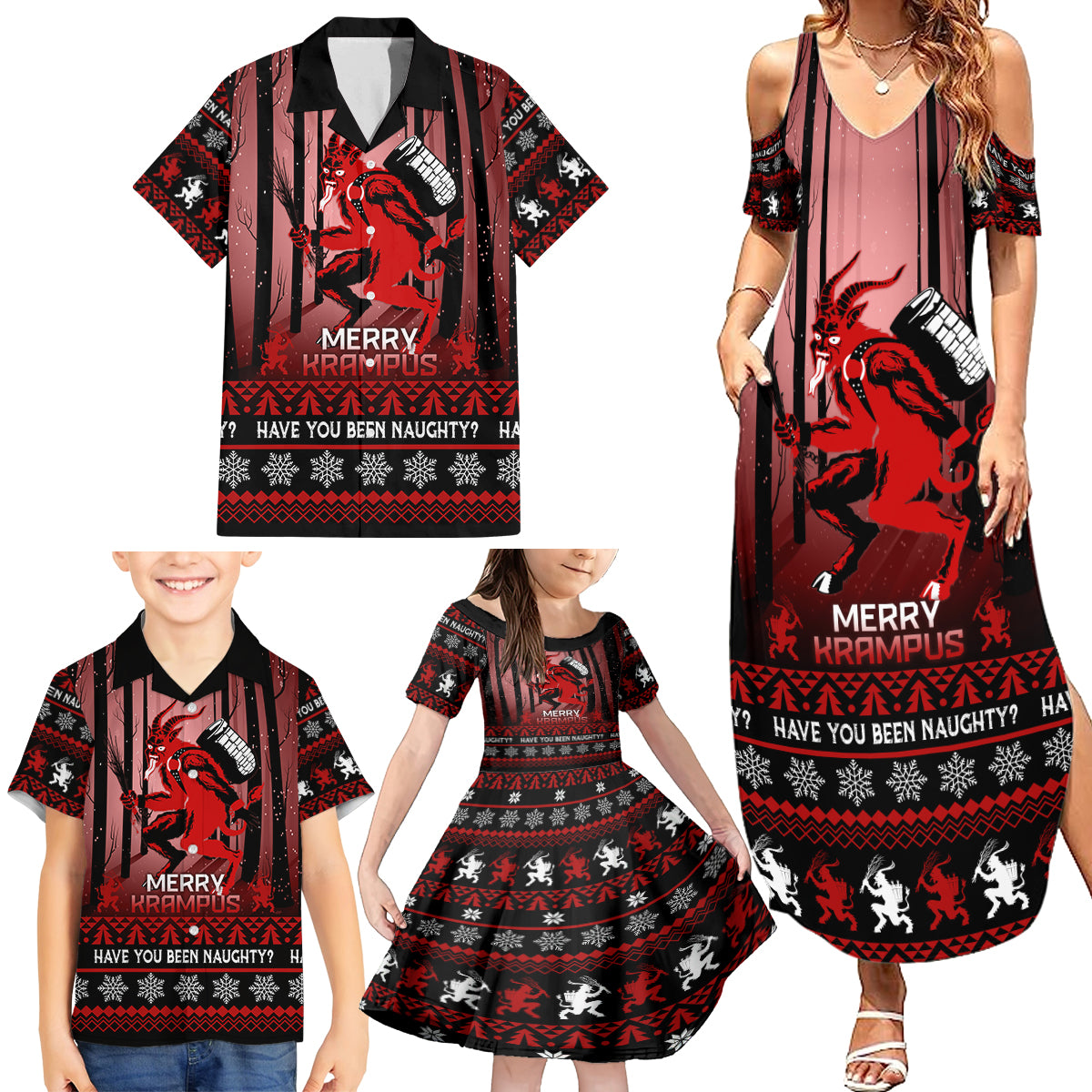 Wonder Print Christmas Family Matching Summer Maxi Dress and Hawaiian Shirt Merry Krampus - Wonder Print Shop