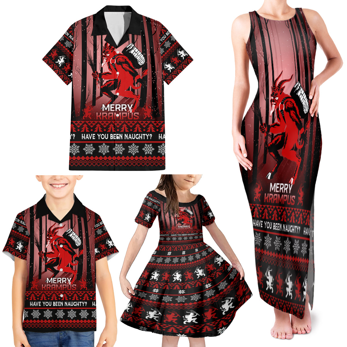 Wonder Print Christmas Family Matching Tank Maxi Dress and Hawaiian Shirt Merry Krampus - Wonder Print Shop