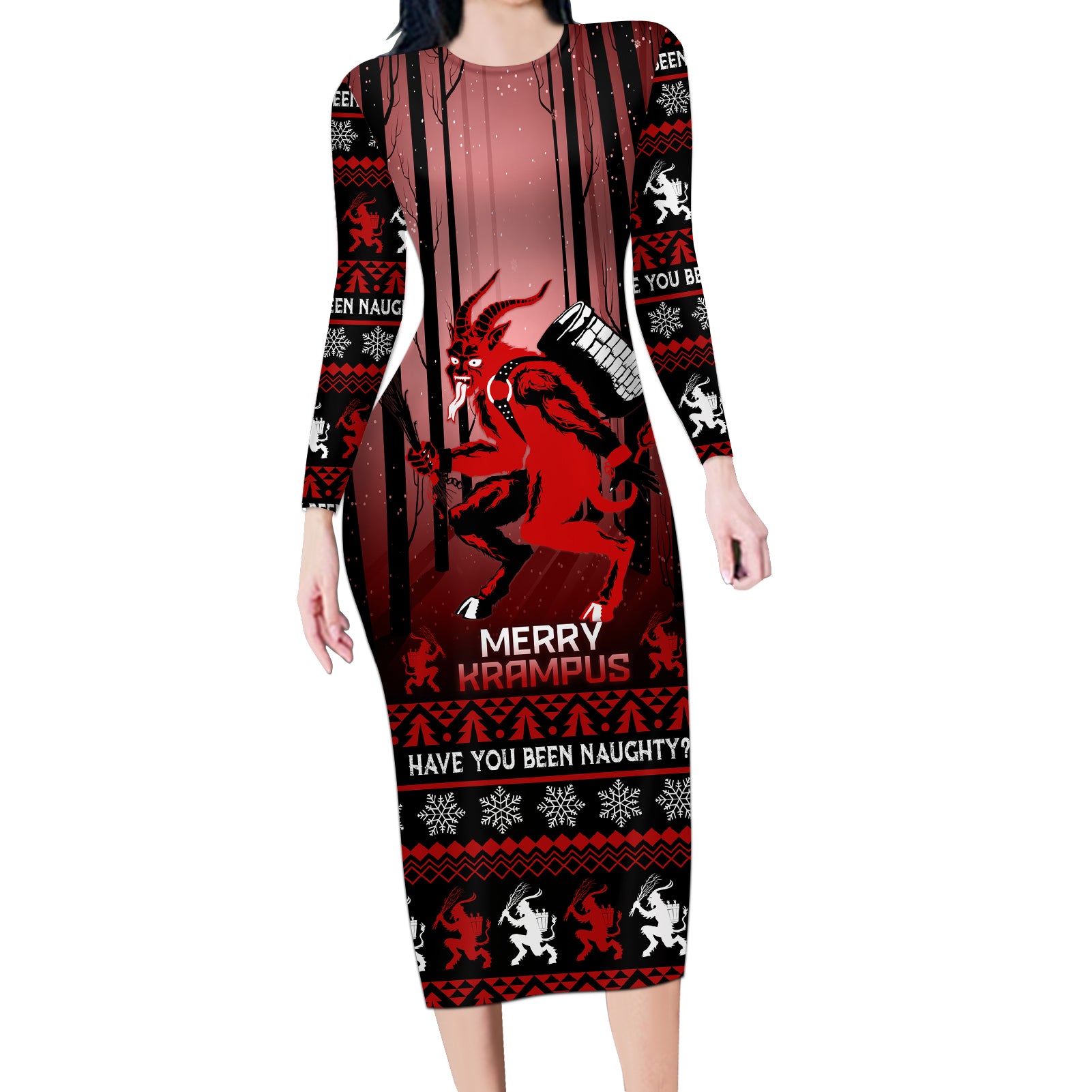 Wonder Print Christmas Long Sleeve Bodycon Dress Merry Krampus - Wonder Print Shop