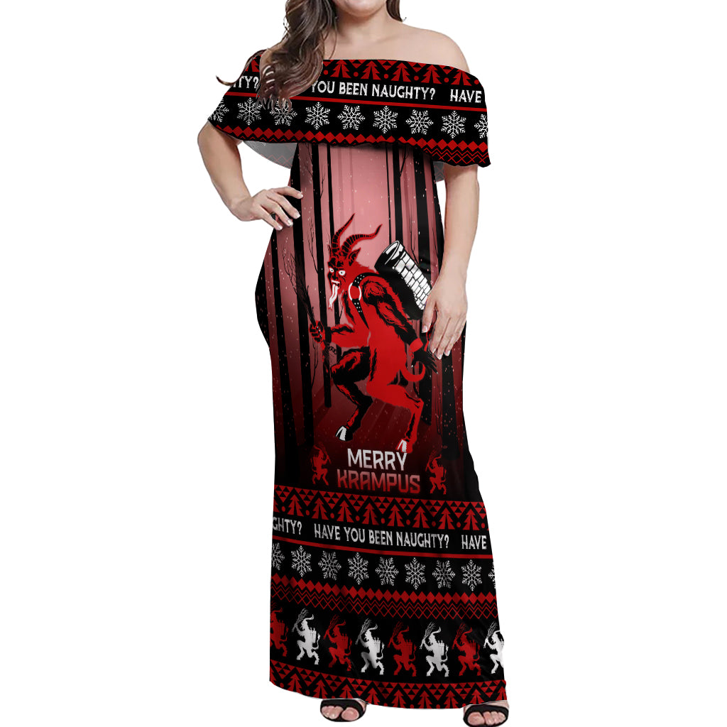 Wonder Print Christmas Off Shoulder Maxi Dress Merry Krampus - Wonder Print Shop
