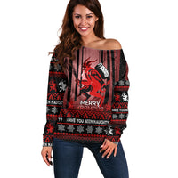Wonder Print Christmas Off Shoulder Sweater Merry Krampus - Wonder Print Shop