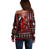 Wonder Print Christmas Off Shoulder Sweater Merry Krampus - Wonder Print Shop