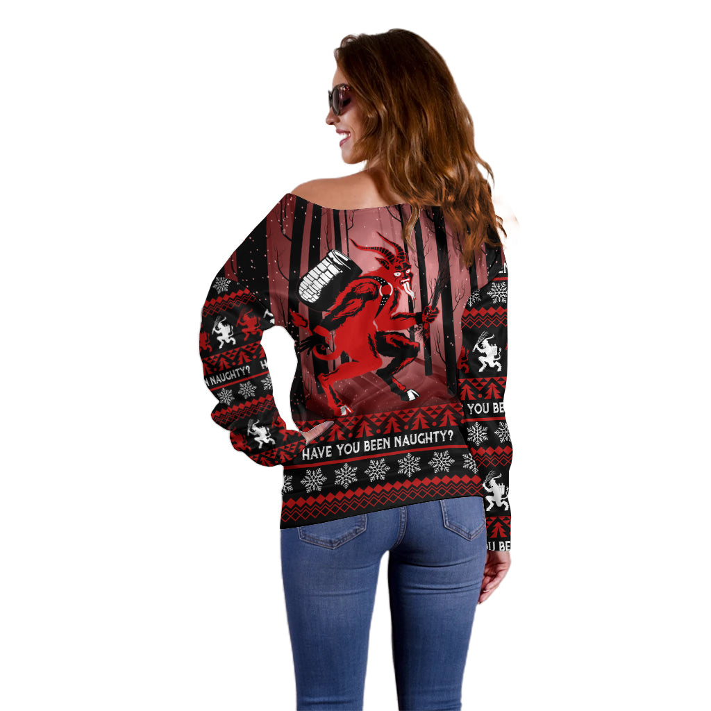 Wonder Print Christmas Off Shoulder Sweater Merry Krampus - Wonder Print Shop