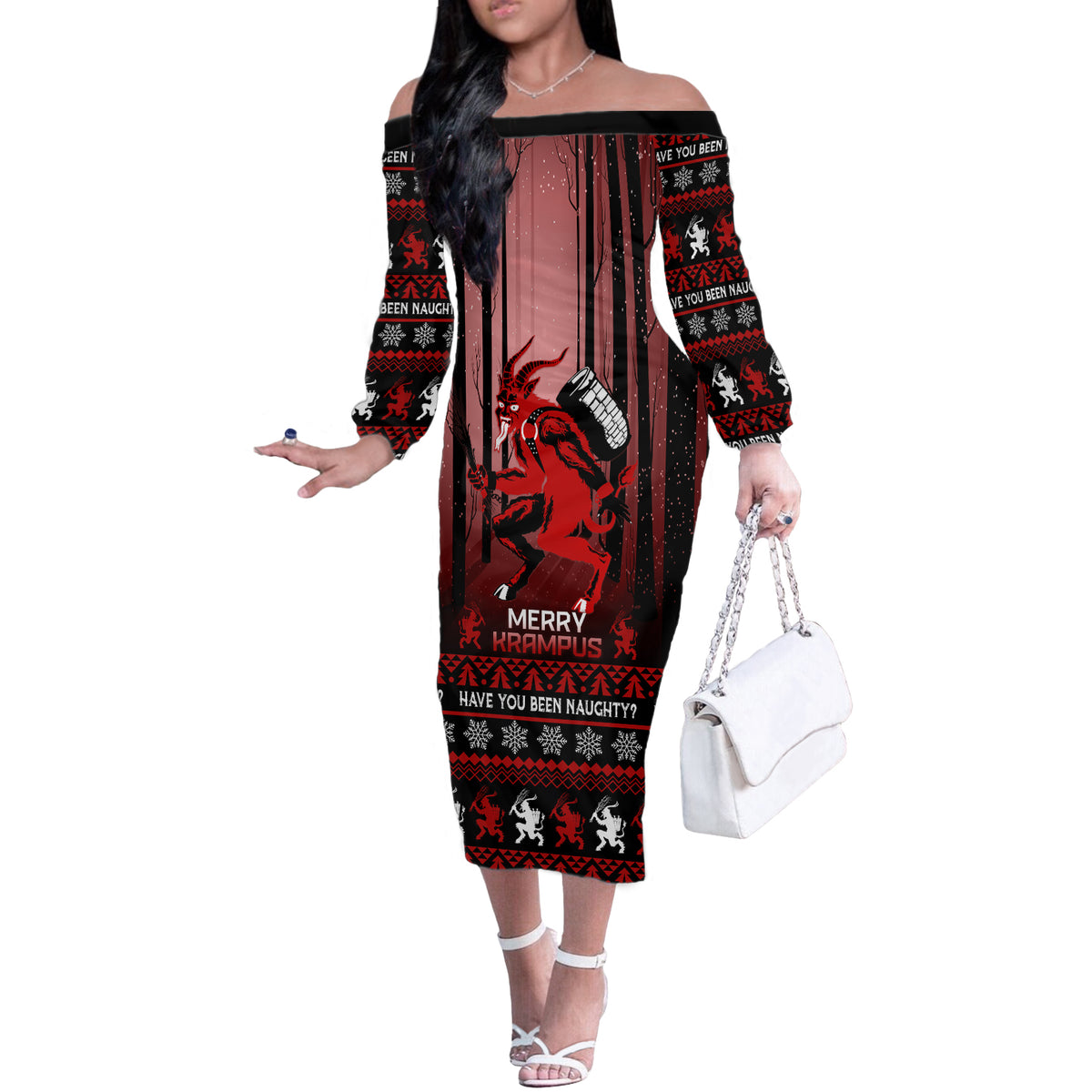 Wonder Print Christmas Off The Shoulder Long Sleeve Dress Merry Krampus - Wonder Print Shop
